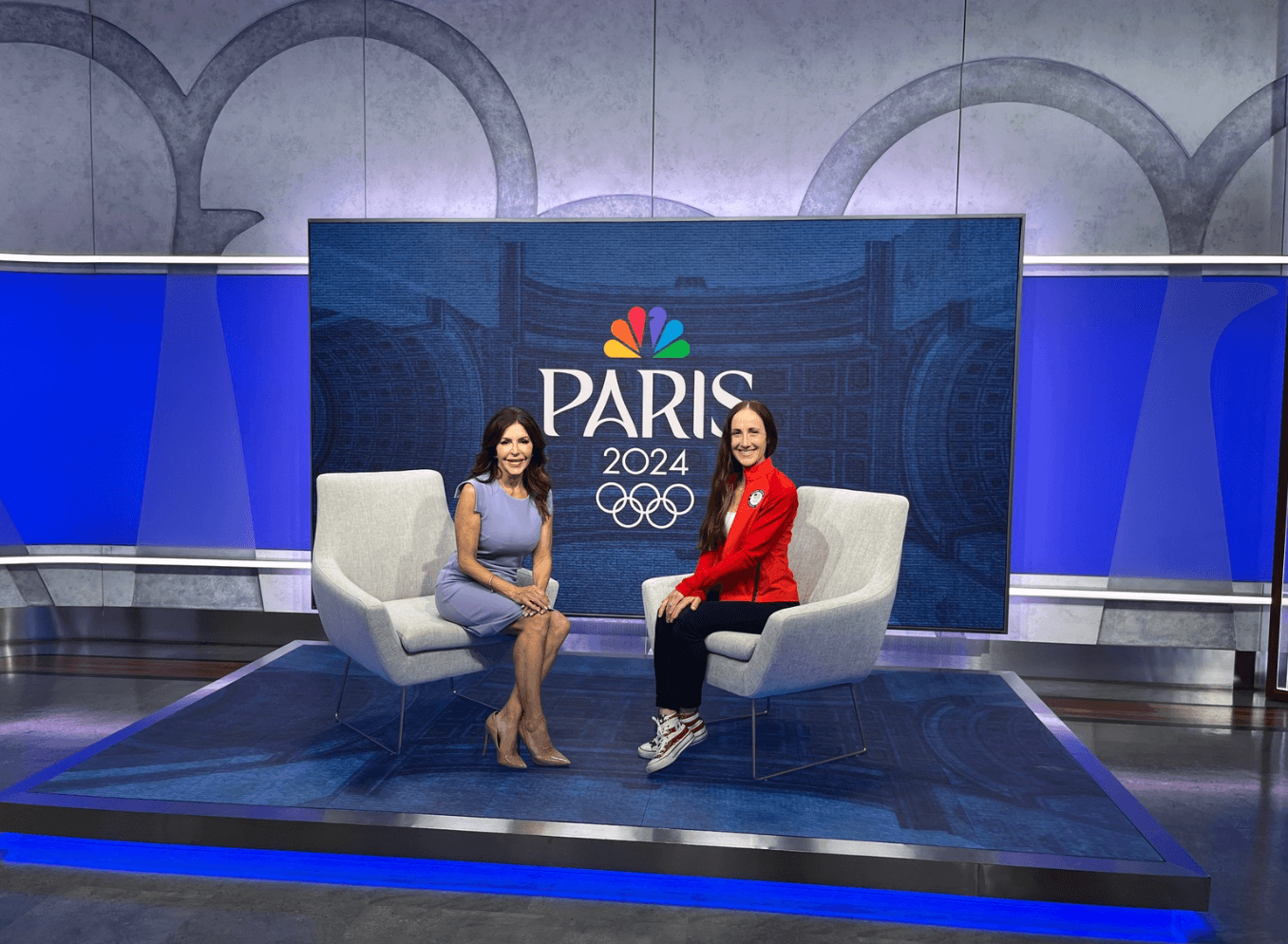 Shannon Rowbury on set at the Paris 2024 Olympics